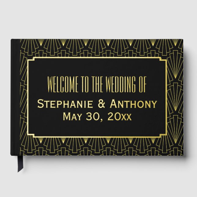 Gold and Black Art Deco Pattern Wedding Foil Guest Book (Front)