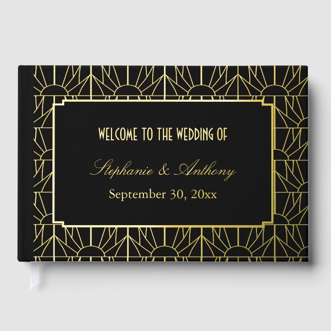 Gold and Black Art Deco Pattern Wedding Foil Guest Book (Front)