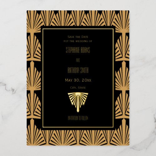 Gold and Black Art Deco Pattern Wedding Foil Invitation Postcard