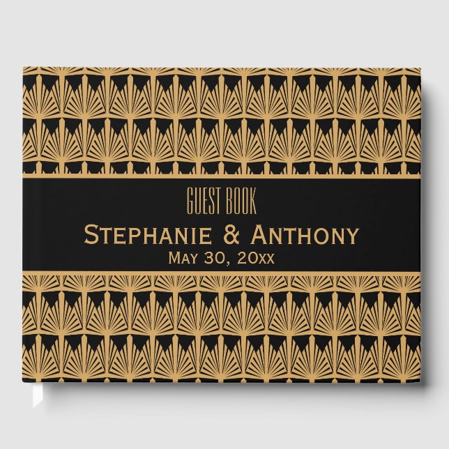 Gold and Black Art Deco Pattern Wedding Guest Book (Front)