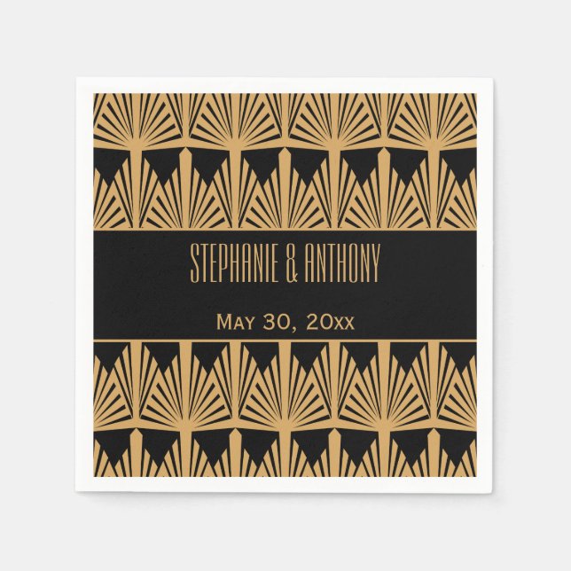 Gold and Black Art Deco Pattern Wedding Paper Napkins (Front)