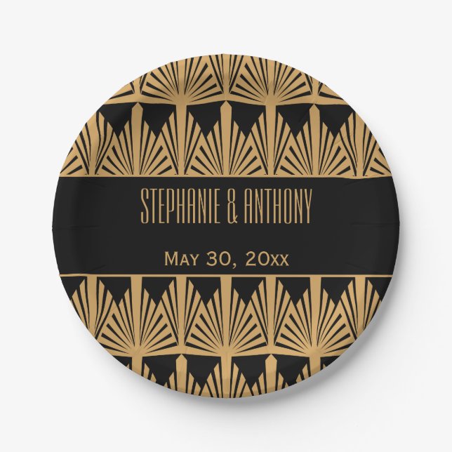 Gold and Black Art Deco Pattern Wedding Paper Plates (Front)