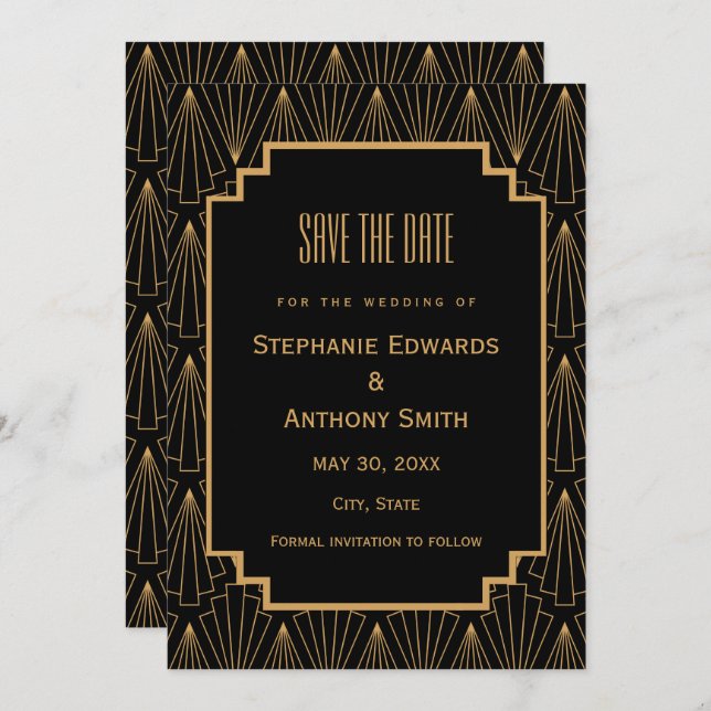 Gold and Black Art Deco Pattern Wedding Save The Date (Front/Back)