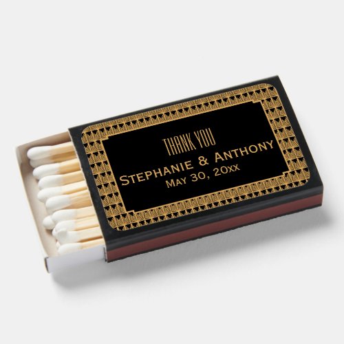 Gold and Black Art Deco Pattern Wedding Thank You Matchboxes