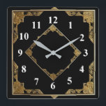 Gold and Black Art Deco Square Diamond Frame Square Wall Clock<br><div class="desc">"art deco clock",  "art nouveau clock",  "gold and black",  "1920s square and diamond",  "stylish sophisticated 1920 style",  "faux golden",  "retro vintage antique",   "elegant pattern design",  "square clock",  "old fashioned fancy"</div>