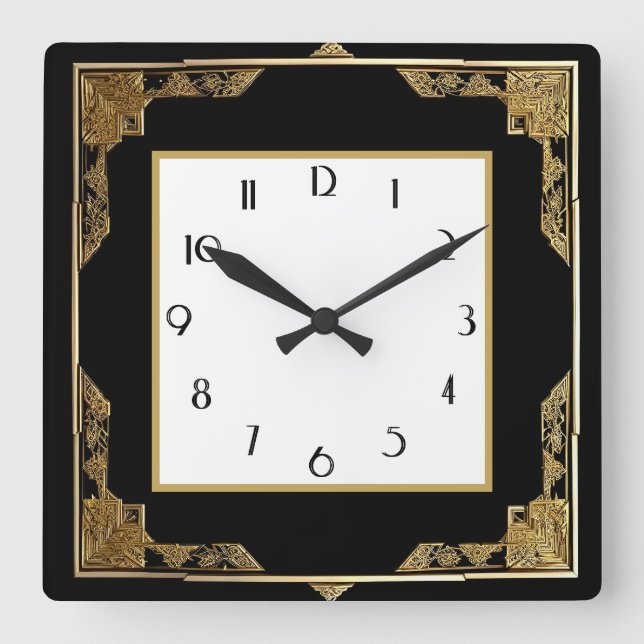 Gold and Black Art Deco Square Frame Square Wall Clock (Front)