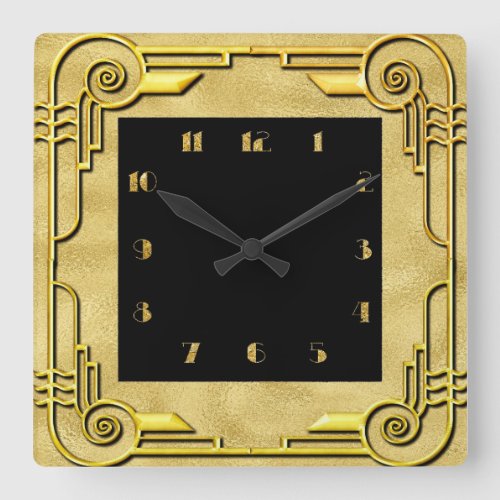 Gold and Black Art Deco Style Square Wall Clock