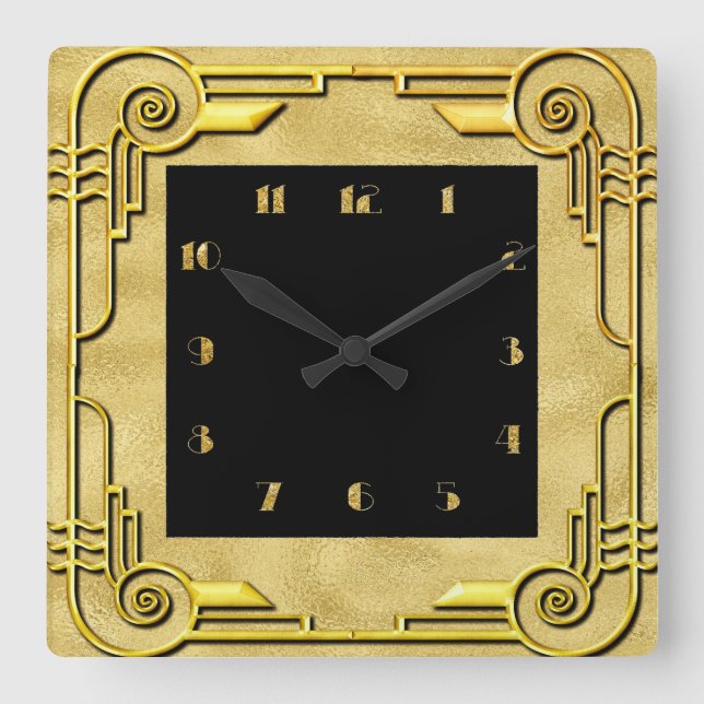 Gold and Black Art Deco Style Square Wall Clock (Front)