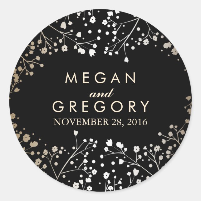 Gold and Black Baby's Breath Wedding Classic Round Sticker (Front)
