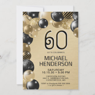 Gold and Black Balloons 60th Birthday Invitation