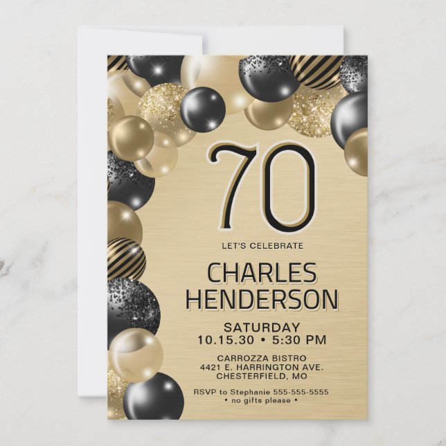 Gold and Black Balloons 70th Birthday Invitation (Front)