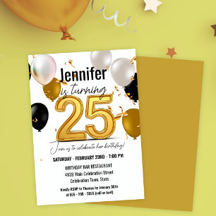 Gold and Black Balloons and Confetti 25th Birthday Invitation