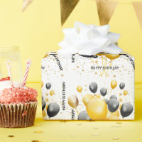 Gold and Black Balloons Birthday Wrapping Paper