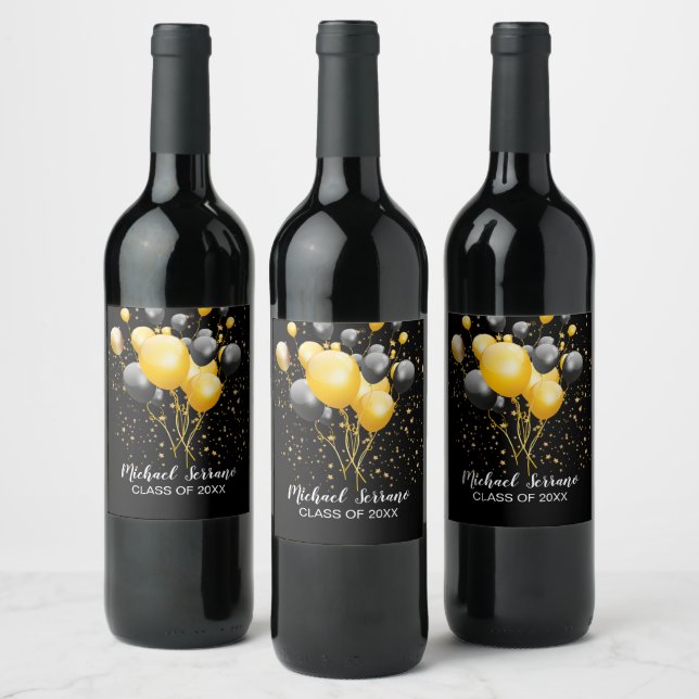 Gold and Black Balloons Gold Stars Graduation Wine Label (Bottles)