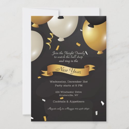 Gold and Black Balloons New Years Eve Party Invitation