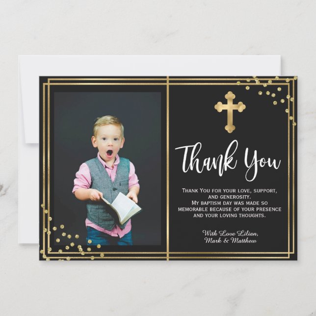 Gold and Black Baptism Thank You Cards (Front)