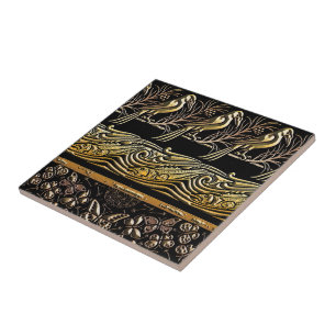 gold and black Birds fish Butterfly art pattern Ceramic Tile