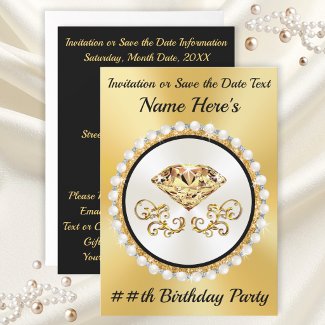 Gold and Black Birthday Invitations, Any YEAR, 