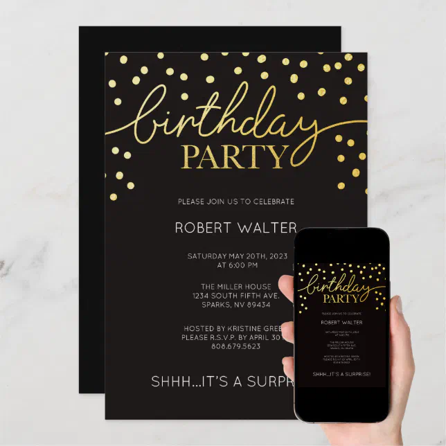 Gold And Black Birthday Party Invitation | Zazzle