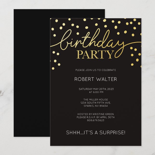 Gold And Black Birthday Party Invitation (Front/Back)