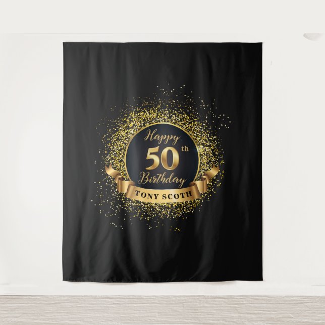 Gold and Black Birthday Party Tapestry Backdrop (Front)