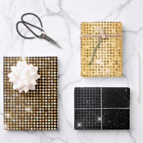 Gold and Black Bling Polka Dots Patterns Wrapping Paper Sheets