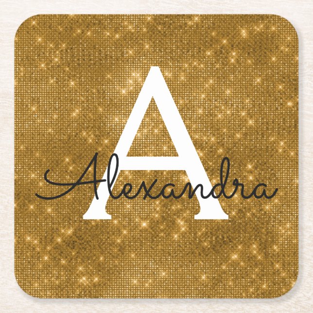 Gold and Black Bling & Sparkle Monogram Birthday Square Paper Coaster (Front)