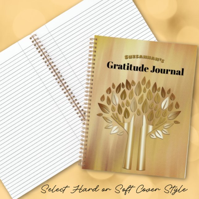 Gold and Black Bokeh Gratitude Cover Notebook (Notebook with tree art on front and back cover with template text on front)