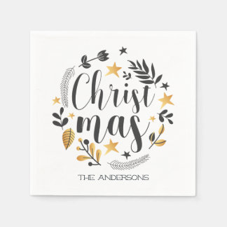 gold and black botanical illustration Christmas Napkins