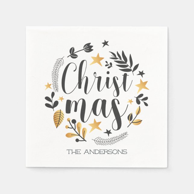 gold and black botanical illustration Christmas Napkins (Front)