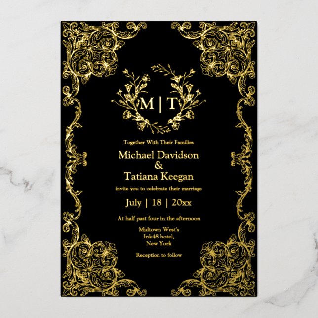  gold and black botanical monogram floral wedding  foil invitation (Front)