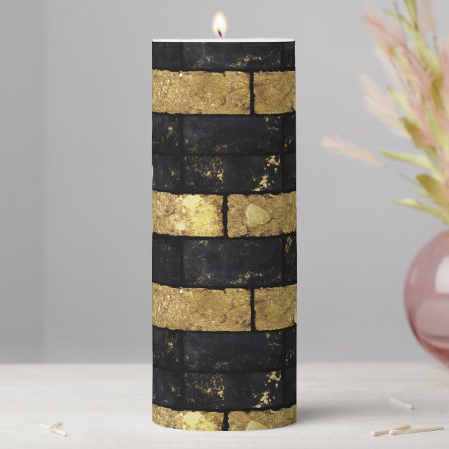 Gold and Black Bricks Pattern Pillar Candle (In Situ)
