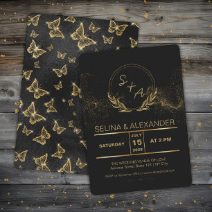 Gold And Black Butterflies Wedding Invitation