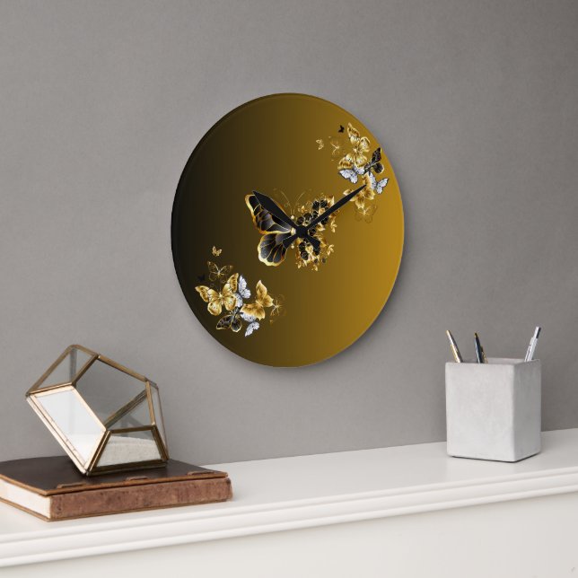 Gold and Black Butterfly Floral Art Golden Euphony Large Clock (Office)
