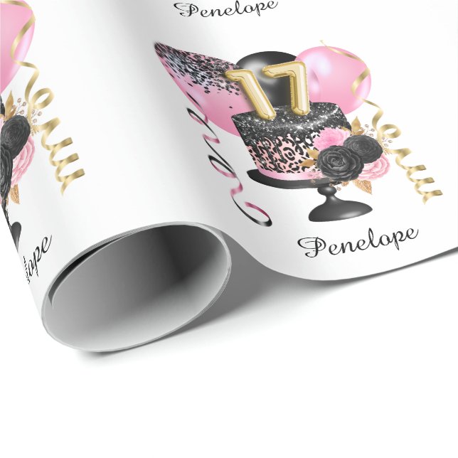 Gold and Black Cake 17th Birthday Name Wrapping Paper (Roll Corner)