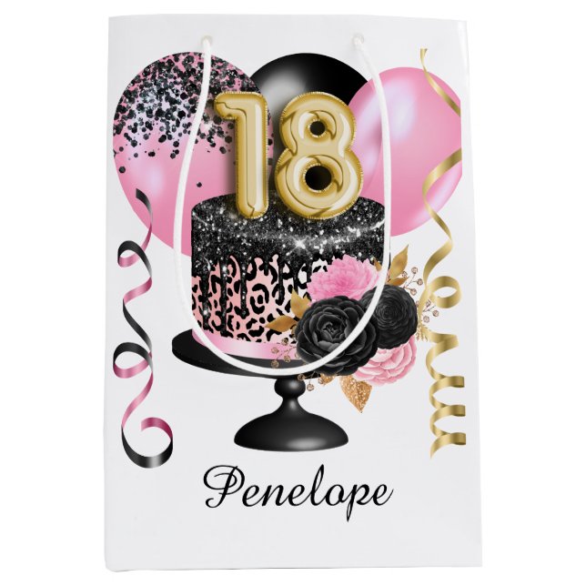 Gold and Black Cake 18th Birthday Name Medium Gift Bag (Front)