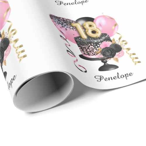 Gold and Black Cake 18th Birthday Name Wrapping Paper