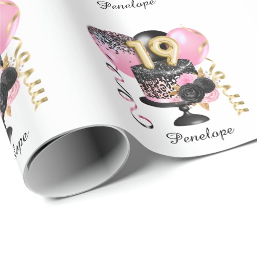 Gold and Black Cake 19th Birthday Name Wrapping Paper