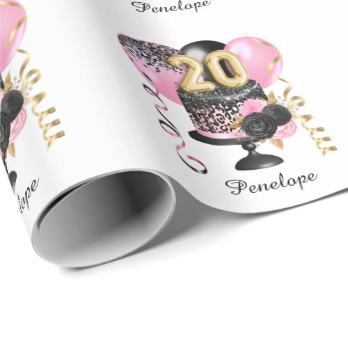 Gold and Black Cake 20th Birthday Name Wrapping Paper