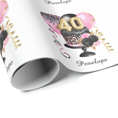 Gold and Black Cake 40th Birthday Name Wrapping Paper