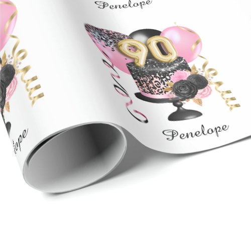 Gold and Black Cake 90th Birthday Name Wrapping Paper