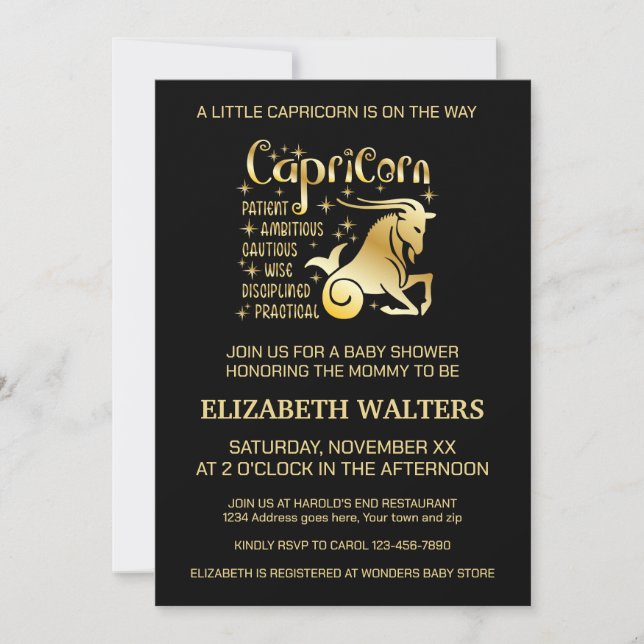 Gold and Black Capricorn Zodiac Baby Shower Invitation (Front)