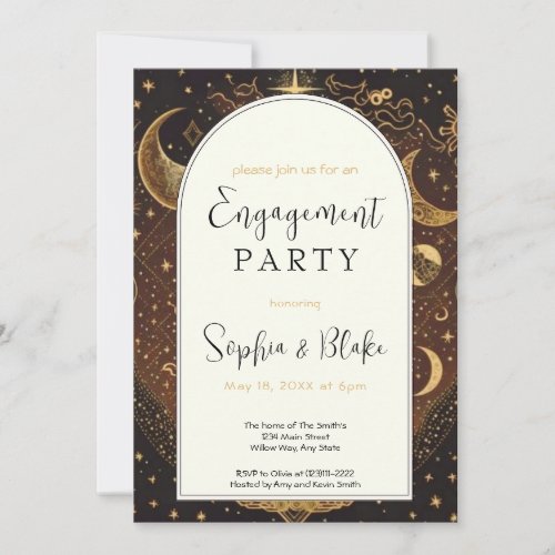 Gold and Black Celestial Moon Engagement Party Invitation