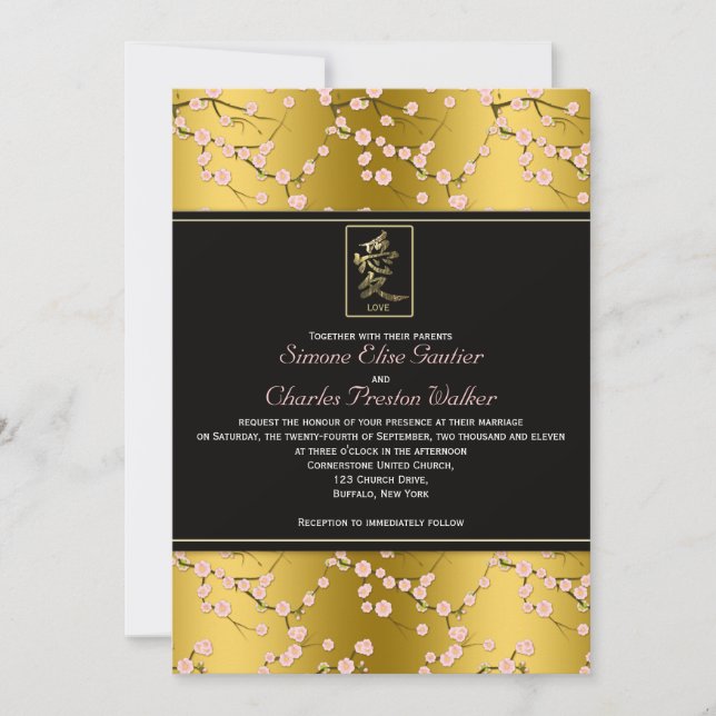 Gold and Black Cherry Blossoms Wedding Invitation (Front)