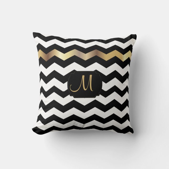 Gold and Black Chevron Design Throw Pillow (Front)