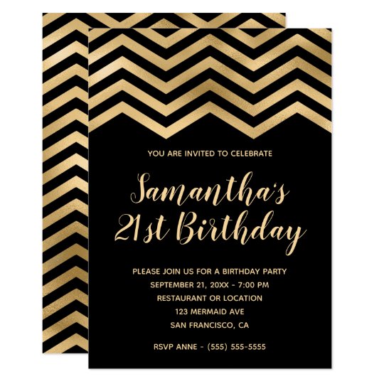 Gold and Black Chevron Trim Birthday Invitation | Zazzle.com