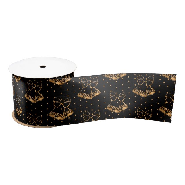 Gold and Black Christmas Bells Satin Ribbon (Spool)