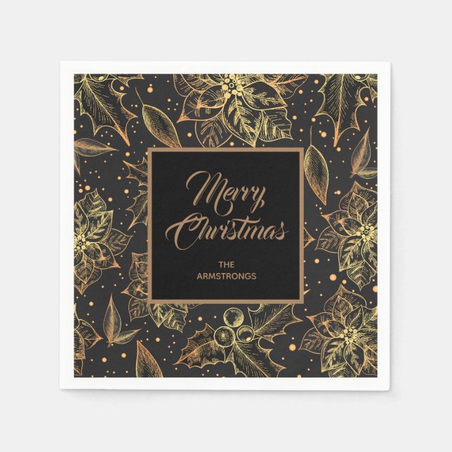 Gold and Black Christmas Floral Napkins (Front)