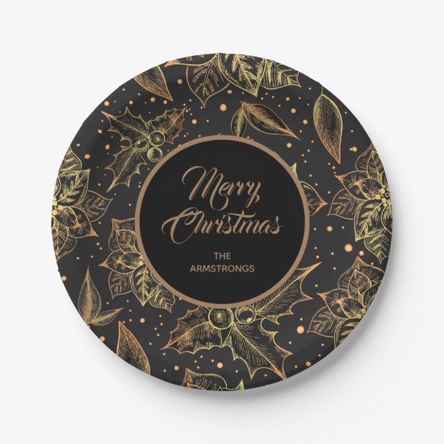 Gold and Black Christmas Floral Paper Plates (Front)