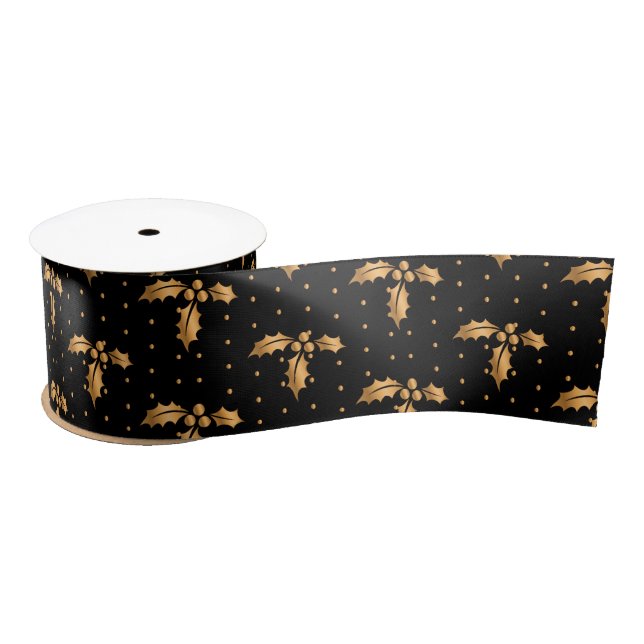 Gold and Black Christmas Holly Satin Ribbon (Spool)